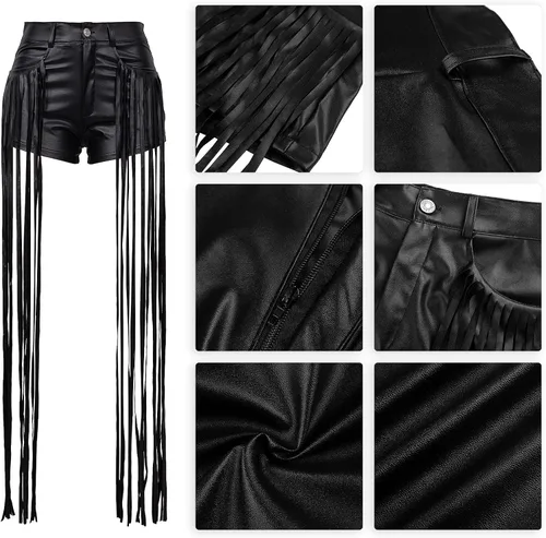 Vista 3 de WOKANSE Pantalones cortos de piel sintética con borlas para mujer, pantalones cortos de yoga con bolsillos, pantalones cortos para mujer