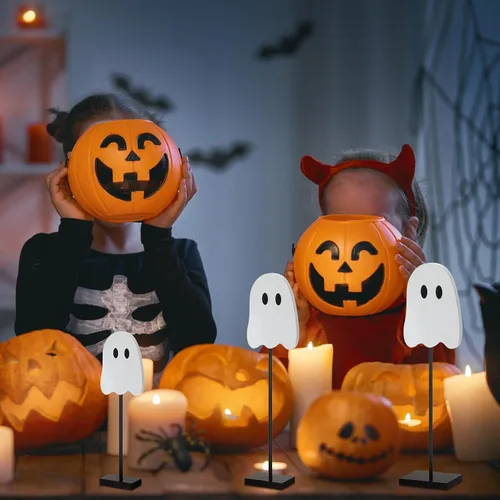 Vista 6 de 3 piezas de decoración de mesa de fantasma de Halloween, bandeja escalonada de madera, centro de mesa, centro de mesa, bloque alto, juego