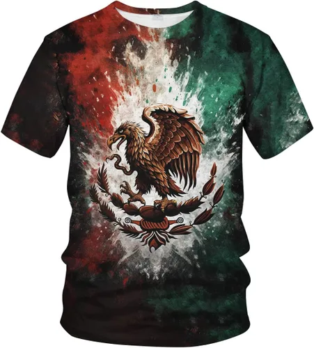 Vista 2 de Srcnhim Colorida camisa mexicana bandera de México impresión 3D moda camisetas de manga corta