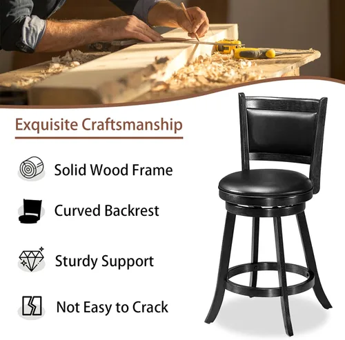 Vista 5 de ERGOMASTER Taburetes de bar giratorios de 24 pulgadas con respaldo, madera de caucho, negro, juego de 2