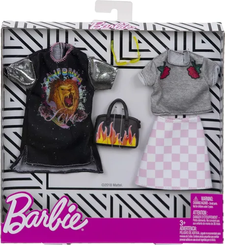 Vista 2 de Barbie Ropa: 2 trajes de muñeca incluyen un vestido de camiseta con gráfico de rock retro y bolso decorado con llamas, regalo para niños de 3 a 8