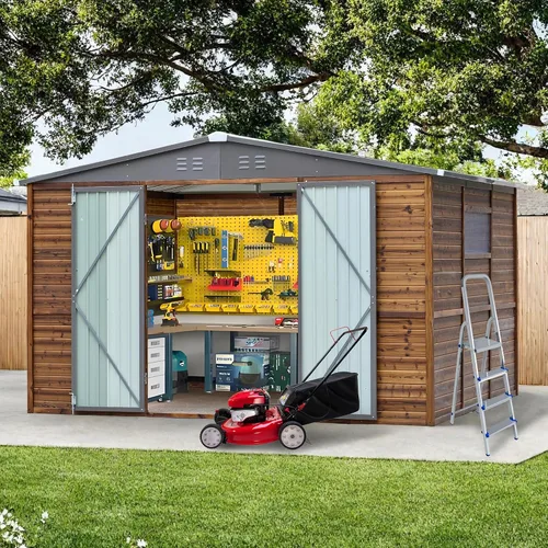 Vista 10 de Cobertizo de almacenamiento de madera para exteriores de 5 x 3 pies, cobertizo de herramientas de jardín con ventanas, cobertizo de almacenamiento