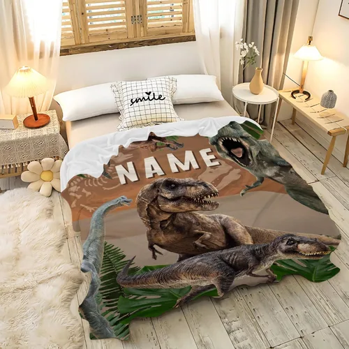 Vista 26 de Manta de regalo personalizada de dinosaurio con nombre para niñas, niños, recién nacidos, dinosaurio, manta personalizada para envolver al bebé