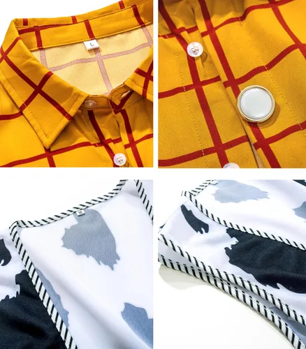 Vista 6 de Disfraz de sheriff de vaquero occidental para hombre, con botones, kit de camisa a rayas (amarillo, S)