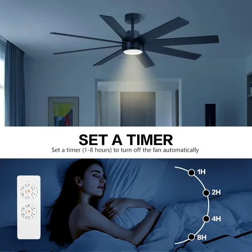 Vista 8 de WINGBO Ventiladores de techo CC grandes de 72 pulgadas con luces y control remoto, 3 varillas descendentes, 8 cuchillas de madera contrachapada