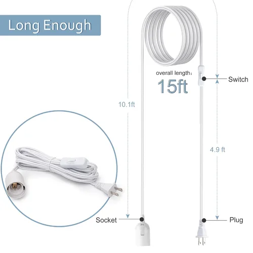 Vista 2 de JACKYLED Cable de Extensión para Linterna Colgante de 15 Pies UL 360W con Enchufe E26 E27 Botón de Encendido/Apagado para Iluminación Colgante