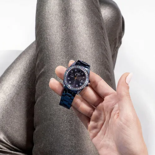 Vista 7 de GUESS US - Reloj analógico de cristal azul e iridiscente para mujer, Arco iris