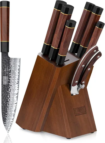 Vista 8 de HOSHANHO Juego de 5 cuchillos de cocina japoneses de acero de alto carbono, juego de cuchillos de chef profesionales ultra afilados con mango