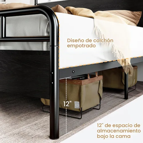Vista 6 de SHA CERLIN Base de cama tamaño completo con cabecera de madera industrial vintage, plataforma de metal resistente con almacenamiento debajo