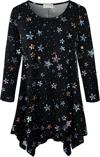 Vista 24 de LARACE - Camisa de talla extragrande para mujer, camisa tipo túnica con manga 3/4, ajuste holgado, ropa básica para mujer 2-negro_cuadros