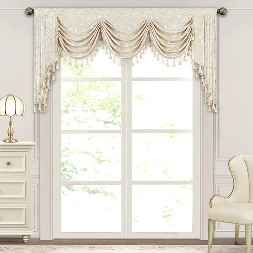 Vista 41 de Loom and Mill Cenefa de cascada de lujo de jacquard para sala de estar, elegantes cenefas de ventana con festones y cuentas damascadas, cortinas