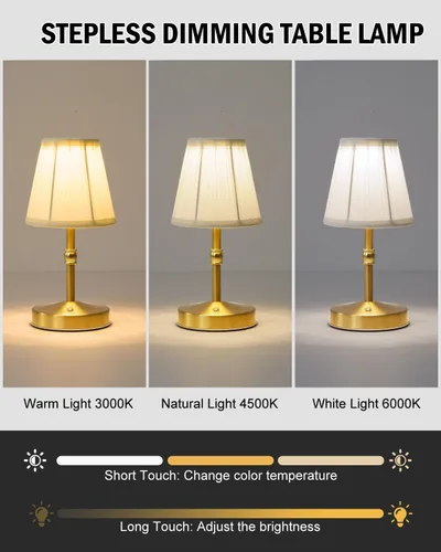 Vista 4 de Lámpara Mini Inalámbrica de 5W en Oro, Lámpara Pequeña Operada con Batería de 3000 mAh, Lámparas de Mesa Pequeñas Vintage, Lámparas Recargables