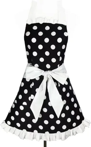 Vista 9 de Hyzrz Lindo delantal retro negro de lunares retro con volantes laterales vintage delantales de cocina con bolsillos para mujeres y niñas (lado azul)
