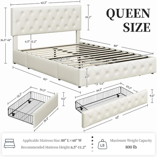 Vista 2 de Yaheetech Base de cama Queen tapizada con cabecera ajustable con botones de diamante, 3 cajones de almacenamiento, cama de plataforma queen/listones