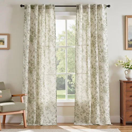 Vista 33 de Jinchan Cortinas de Mezcla de Lino con Estampado Floral para Sala de Estar, 84 Pulgadas de Largo, Cortinas con Bolsillo para Varilla y Tab Trasera