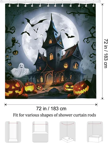 Vista 6 de Bonhause Cortina de ducha de Halloween, castillo espeluznante, fantasma, calabaza, farol, murciélago, luna llena, cortina de baño de 72 x 72