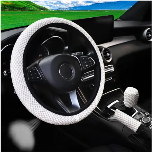 Vista 12 de Bittwee 3 piezas, juego de cubiertas para volante de auto de 15 pulgadas, cubierta para apoyabrazos, cubierta para palanca de cambios, de microfibra