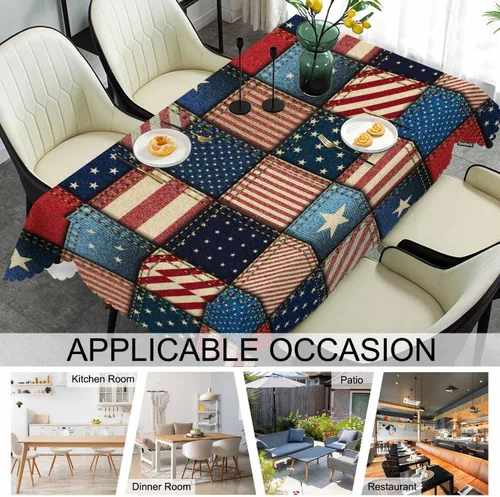Vista 7 de [Usado] Mantel de bandera estadounidense para mesas rectangulares, retazos de mezclilla de bandera estadounidense, cubierta de mesa de picnic