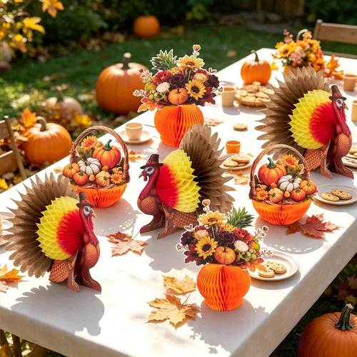 Vista 5 de Decoraciones de Acción de Gracias, decoraciones de mesa de otoño, papel 3D de pavo, panal de abeja para otoño, cosecha, fiesta, cocina, mesa