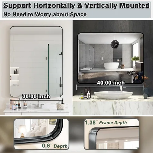 Vista 5 de Espejo de pared rectangular con marco de metal negro de 30 x 40 pulgadas, espejo rectangular grande y redondeado, antioxidante, se cuelga horizontal