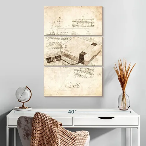 Vista 2 de ElephantStock - Juego de arte para pared de consola Nes - Lienzo vertical de varios paneles - Decoración de pared de sala de estar de 3 piezas
