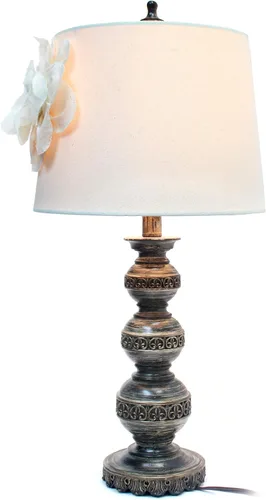 Vista 6 de Elegant Designs LT3097-WHT - Lámpara de bola apilada con pantalla de flores de lino Couture, bronce envejecido