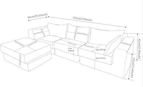 Vista 3 de Juego de sofás modulares deshuesados seccionales de 100 pulgadas para sala de estar, sofá modular tapizado en forma de L movible con 5 almohadas Gris