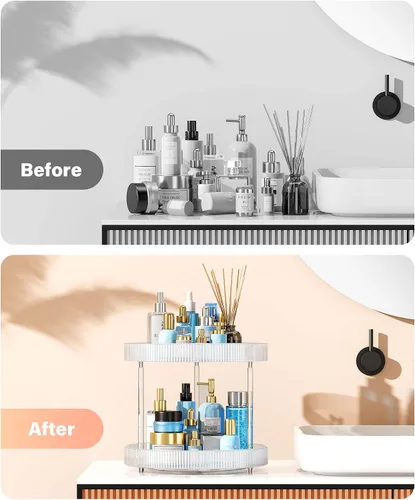Vista 3 de Bandeja de almacenamiento giratoria transparente de 360°, organizador de encimera de baño Lazy Susan de 2 niveles, organizador de cosméticos