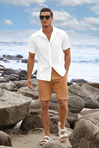 Vista 3 de Camisa de lino y algodón para hombre, con botones, manga corta, casual, para playa, guayabera cubana, campamentos, Blanco