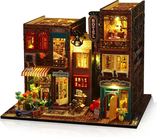 Vista 10 de Kit de casa en miniatura, pequeño restaurante japonés Sakura de madera 3D, kit de construcción de mini casa de muñecas con cubierta a prueba