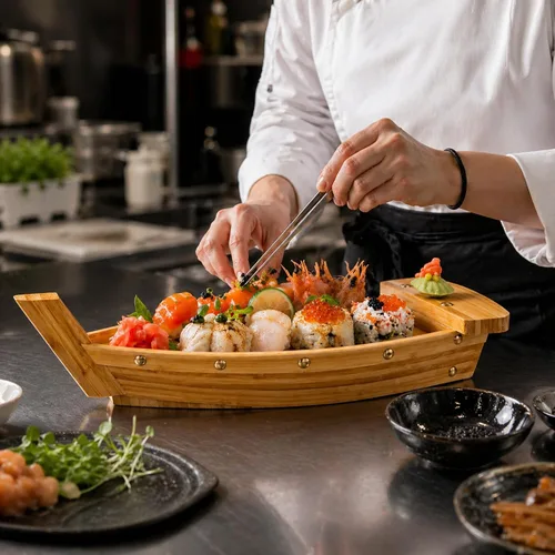 Vista 4 de Restaurantware -Bandeja de servicio de barco de sushi de 17.3 pulgadas, 1 bote de sushi duradero - Robusto, fácil de limpiar, barco de madera