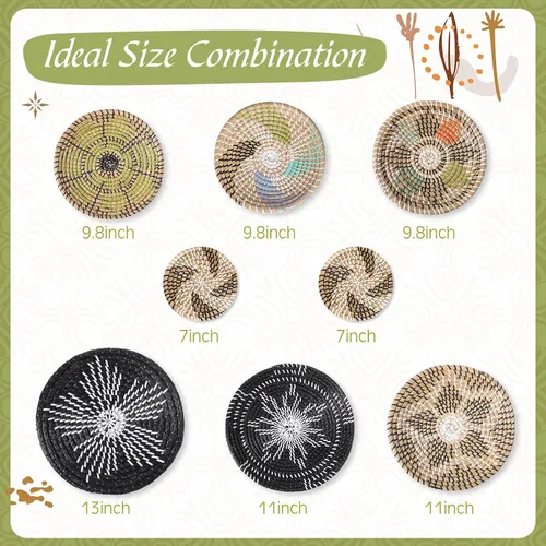 Vista 3 de Ziliny Juego de 8 canastas decorativas de pared bohemias, para colgar, redondas, estilo africano, para decoración de cocina, rústico, hogar, verano