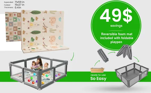 Vista 2 de Corralito plegable para bebés con tapete grande de 71 x 59 pulgadas, fácil instalación, patio de juegos plegable para bebés y niños pequeños, malla