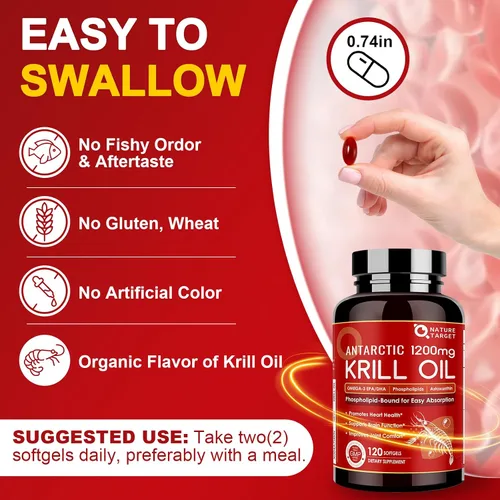 Vista 5 de Nature TARGET Aceite de krill de 1200 mg con omega-3 EPA y DHA con astaxantina, fosfolípidos y colina, apoya el corazón, el cerebro, la salud, sin