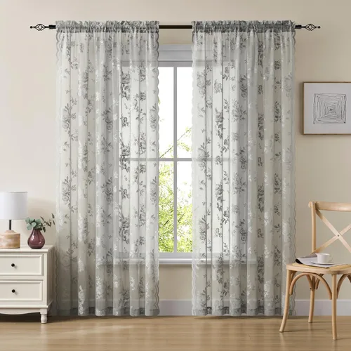Vista 62 de Cortinas de encaje beige, juego de 2 paneles de cortinas traslúcidas con bolsillo para cortinero, decoración de ventana pequeña, baño, sótano