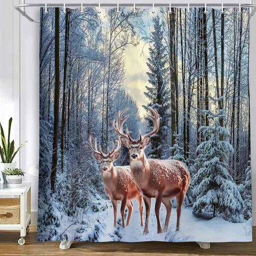 Vista 4 de MERCHR Cortina de Ducha de Nieve de Bosque Invernal, Cortina de Ducha de Pino Navideño y Venado Copo de Nieve para Baño, Decoración Festiva Navideña