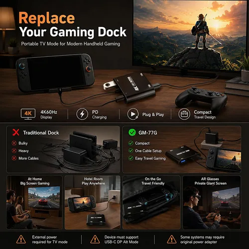 Vista 3 de Guermok Hub de pantalla USB-C dual 4 en 1, video 4K a 60Hz, carga rápida PD 100W y USB 3.0 5Gbps, compatible con gafas AR, Switch 2, computadoras