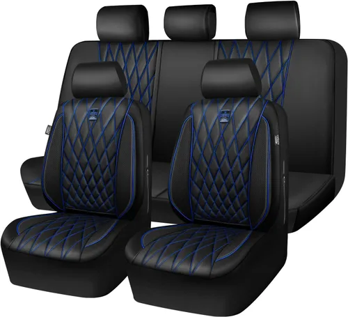 Vista 14 de Car Pass - Juego completo de fundas de asiento de lujo con ribete de cuero sintético, cubiertas de asiento automotrices antideslizantes impermeables