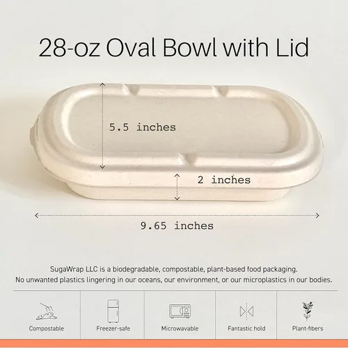 Vista 5 de Recipientes desechables ovalados de 28 onzas con tapas, bambú biodegradable ecológico y caña de azúcar, resistentes y resistentes a fugas, aptos
