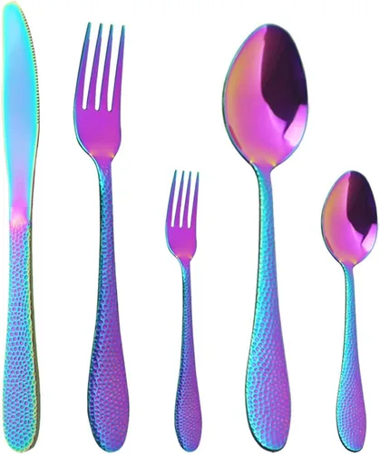 Vista 12 de Juego de cubiertos de acero inoxidable 18/10 de 5 piezas, cuchillo de cocina negro, tenedor, cuchara, vajilla para fiesta, cena, cubiertos, servicio
