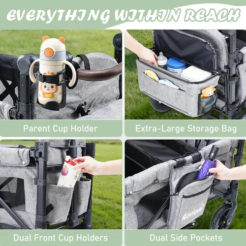 Vista 4 de Cochecito para 2 niños, carrito premium para niños con toldo extraíble, bandeja para snacks, cuna convertible para bebé, arnés de seguridad de 5 Gris