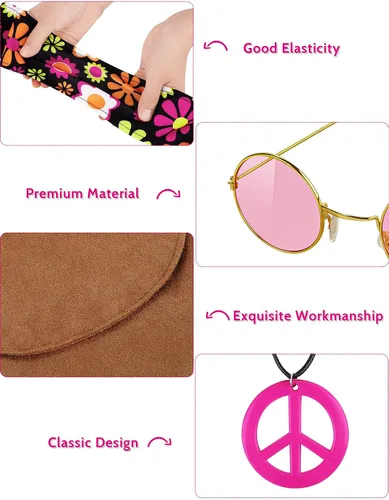 Vista 6 de Paquete de 8 disfraces hippie de los años 70 para mujer, manga superior, pantalones bohemios, acampanados, accesorios para disfraz de Halloween
