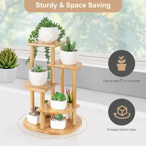 Vista 3 de Jotsport Soporte de bambú de 5 niveles para plantas, estante pequeño para alféizar de ventana, mini suculentas, soporte de exhibición para sala