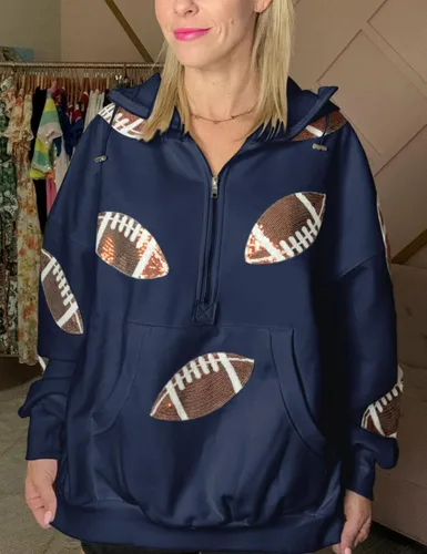 Vista 8 de SeekMe Sudaderas con capucha de lentejuelas para mujer, para el día del partido, suéteres de manga larga con cremallera y bolsillo