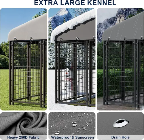 Vista 6 de Perrera para perros de 6 x 6 pies, para exteriores, con alimentación, resistente al aire libre, jaula duradera para perros con techo y doble