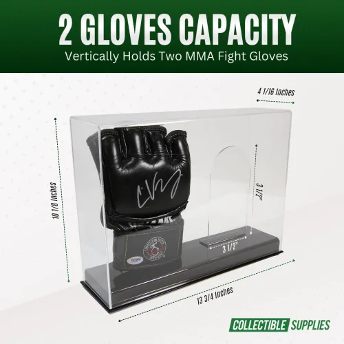 Vista 2 de Vitrina doble de lujo para guantes de MMA Estuche de exhibición de guantes de lucha con base resistente y soporte Protección UV acrílico