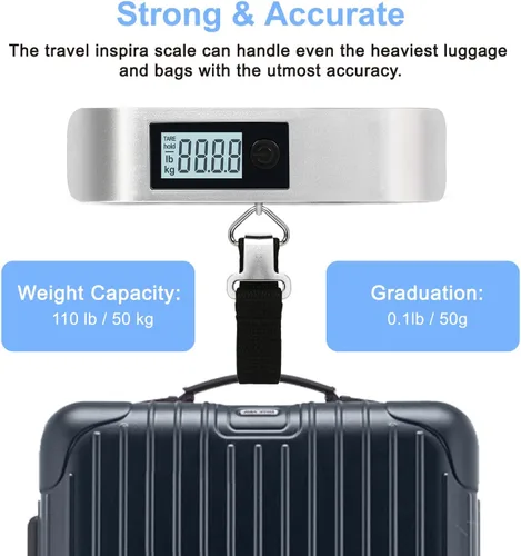 Vista 5 de Travel Inspira Báscula de equipaje, báscula digital de equipaje, báscula de equipaje con pantalla LCD retroiluminada, 110 libras110.2lbs, batería