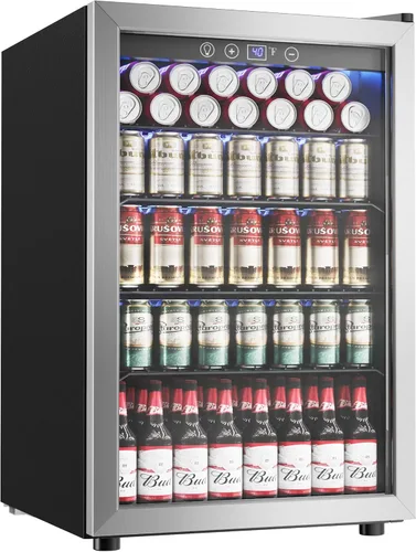 Vista 11 de Icyglee Refrigerador de bebidas, mini refrigerador para 16 botellas y 68 latas con puerta de vidrio, refrigerador independiente de bebidas para vino