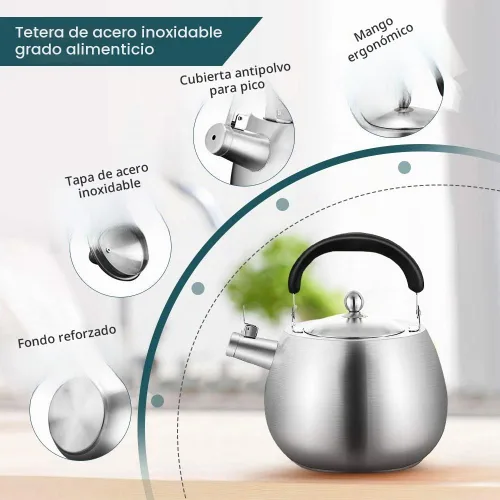 Vista 2 de Tetera de té resistente, tetera silbante, fondo sin costuras, acero inoxidable 304, acabado cepillado (4L)
