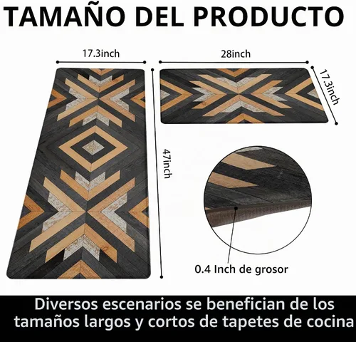 Vista 2 de Tyrot Alfombras de cocina negras estilo boho azteca, juego de 2 tapetes acolchados antifatiga, alfombras de espuma de estilo occidental para cocina